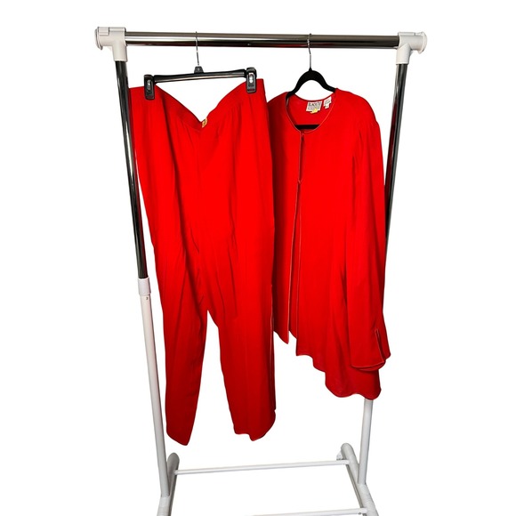 BLACK TIE OLEG CASSINI Vintage Red 100% Silk Jacket Pants Set Women's Size 16 - Picture 2 of 8